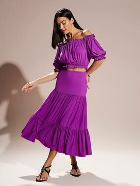 Off-Shoulder Tiered Maxi Skirt in Purple